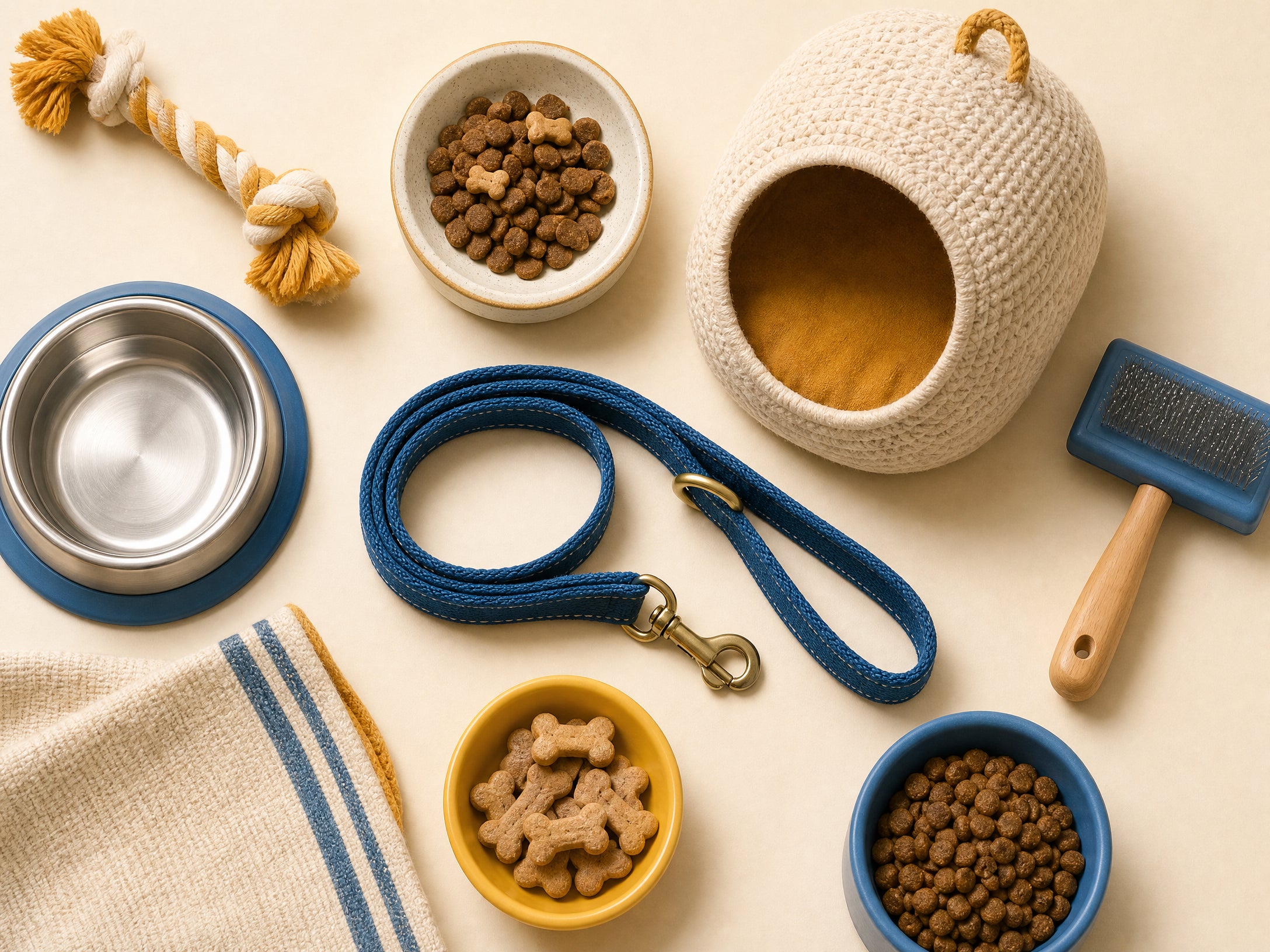 Pet care supplies arranged on a table