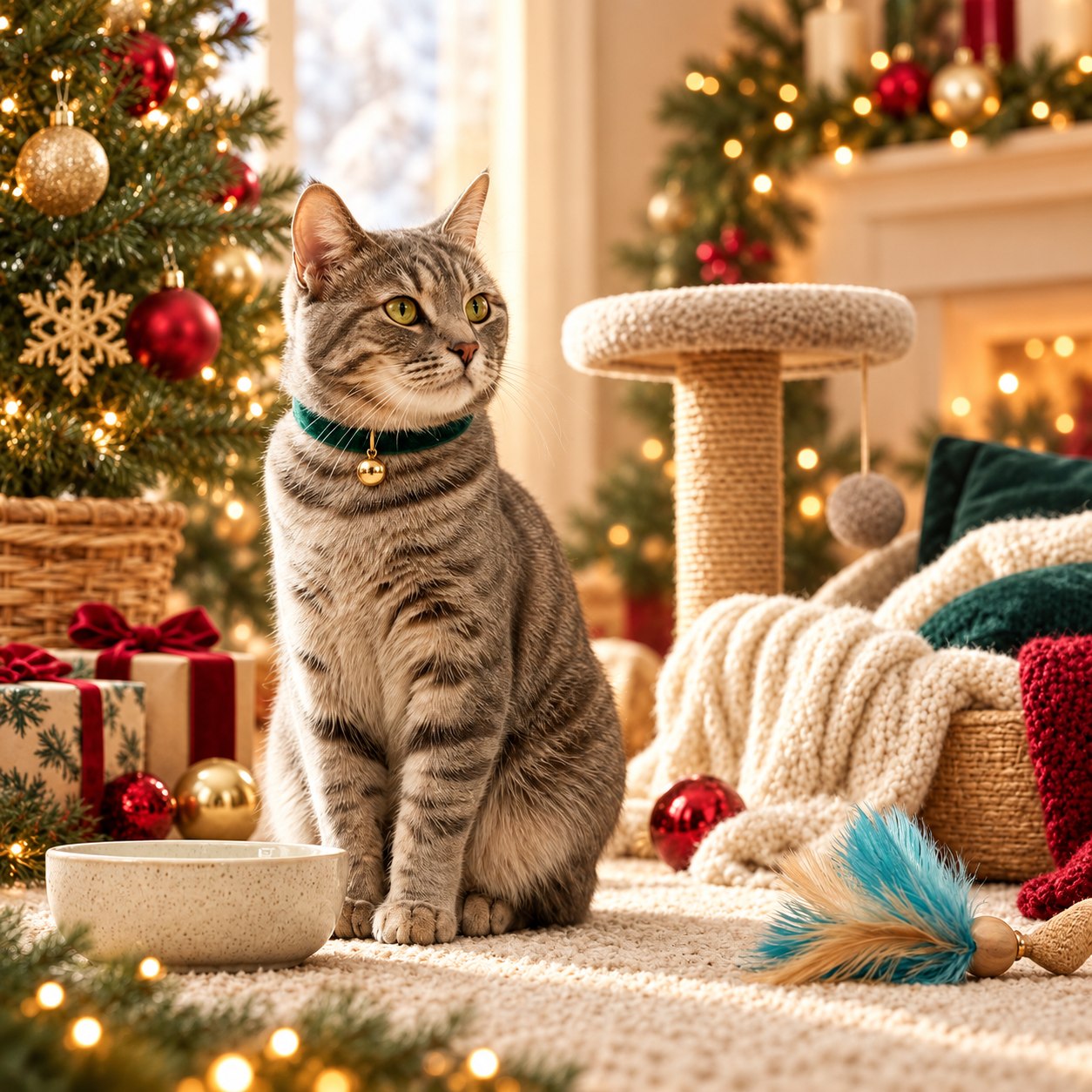 Tabby cat with Christmas gifts and cat supplies