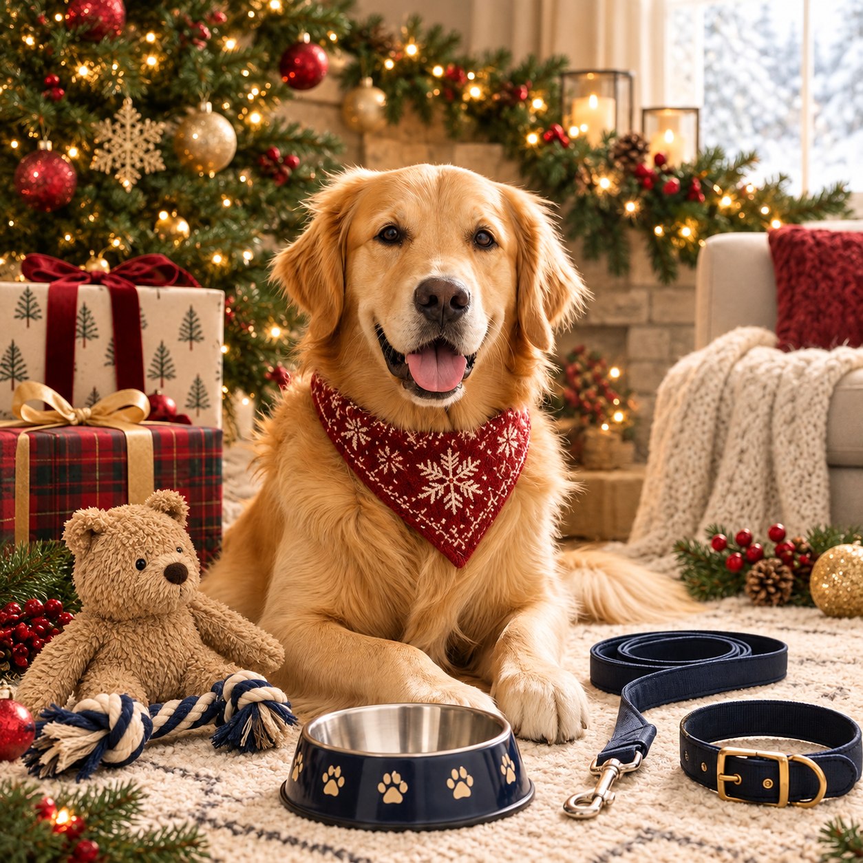 Golden retriever with Christmas gifts and dog supplies