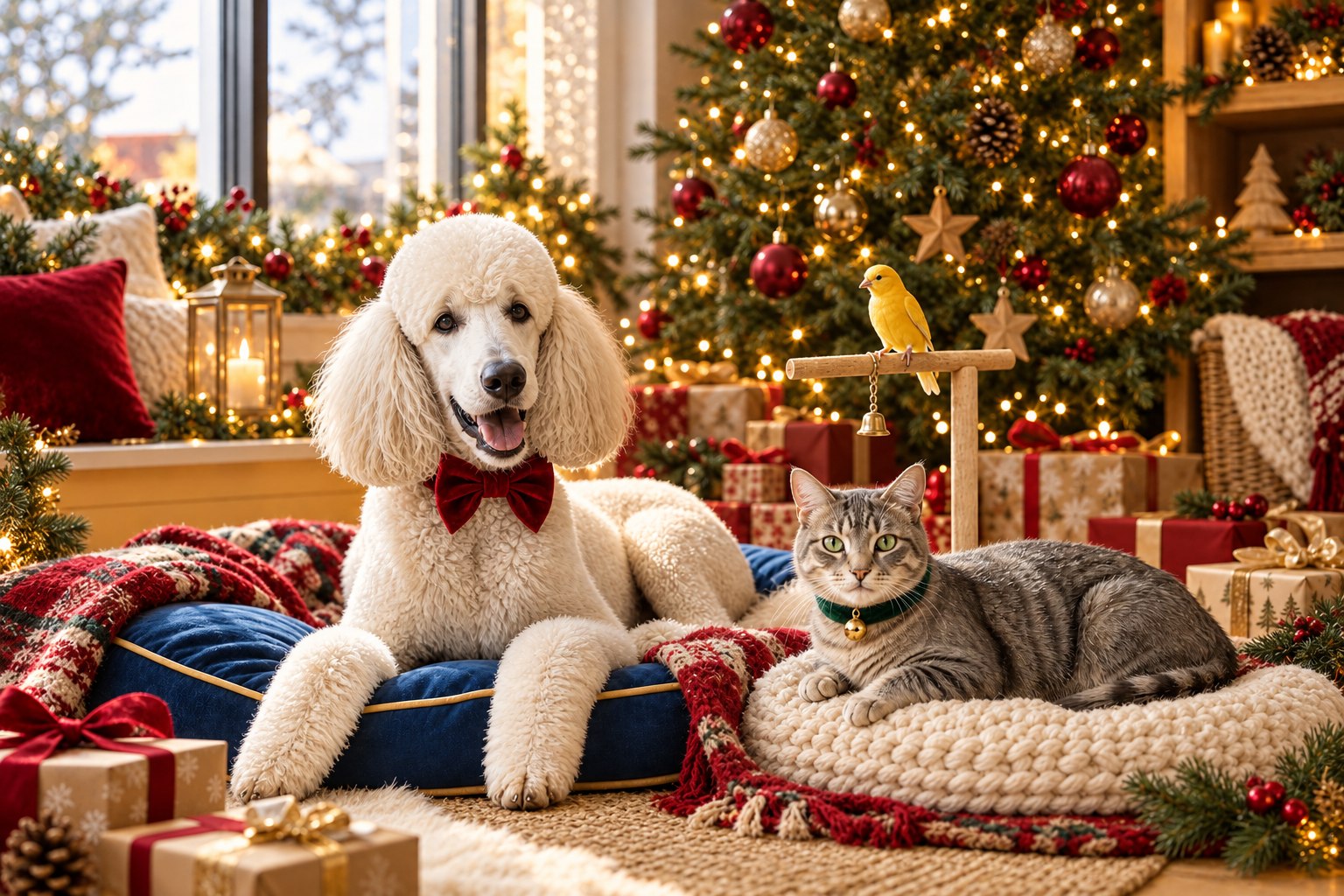 Dog, cat, and bird celebrating Christmas together