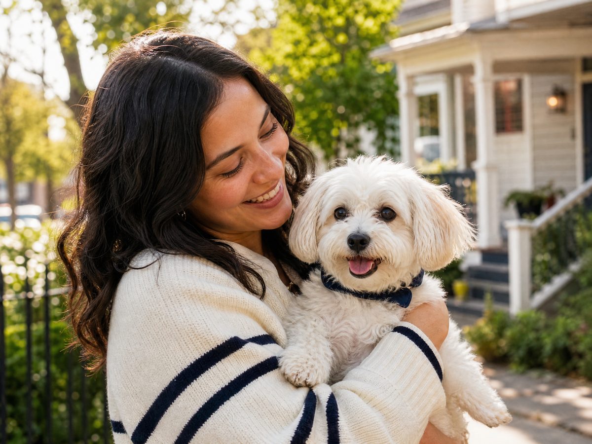 Pet parent holding a small dog